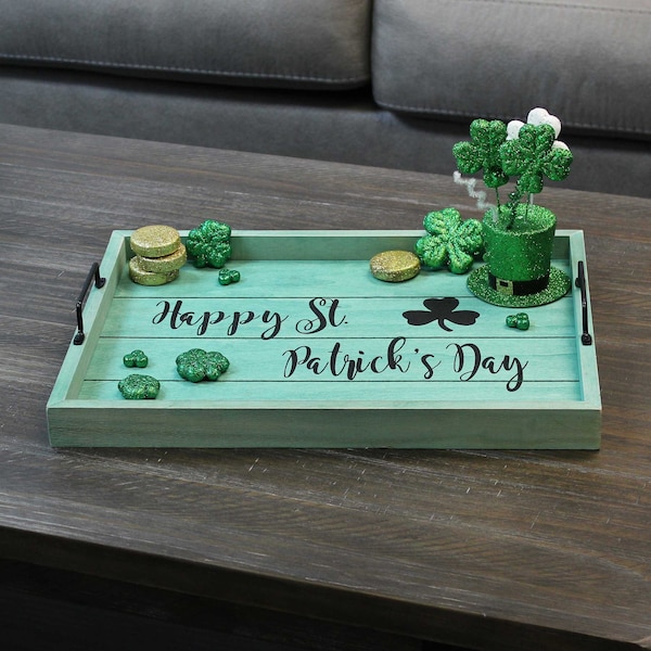 Elegant Designs "Happy St. Patrick's Day" Wood Serving Tray with Handles, 15.50" x 12" - HG2000-GSP