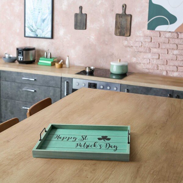 Elegant Designs "Happy St. Patrick's Day" Wood Serving Tray with Handles, 15.50" x 12" - HG2000-GSP