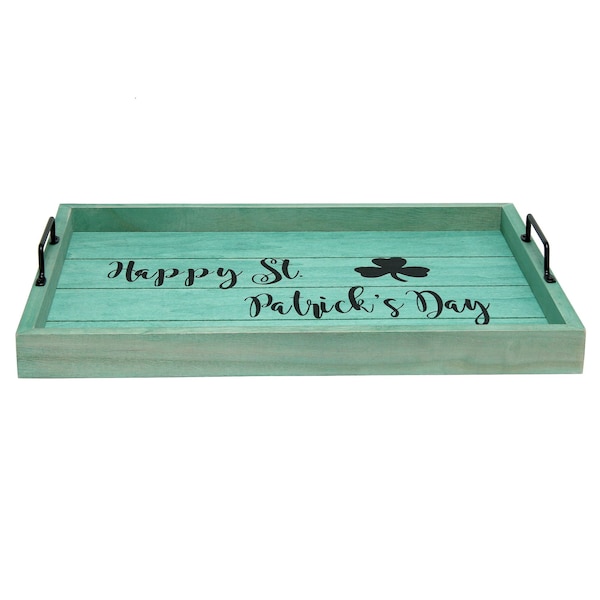 Elegant Designs "Happy St. Patrick's Day" Wood Serving Tray with Handles, 15.50" x 12" - HG2000-GSP