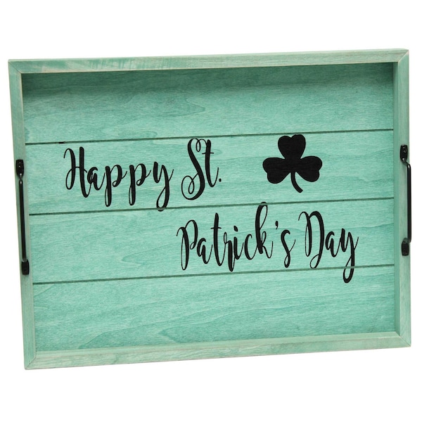 Elegant Designs "Happy St. Patrick's Day" Wood Serving Tray with Handles, 15.50" x 12" - HG2000-GSP