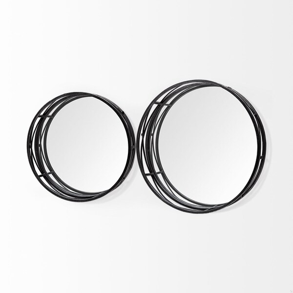 Homeroots Round Matte Black Metal with Mirrored Glass Bottom Trays - Set of 2 - 376025