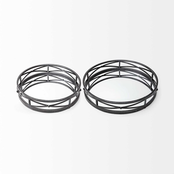 Homeroots Round Matte Black Metal with Mirrored Glass Bottom Trays - Set of 2 - 376025