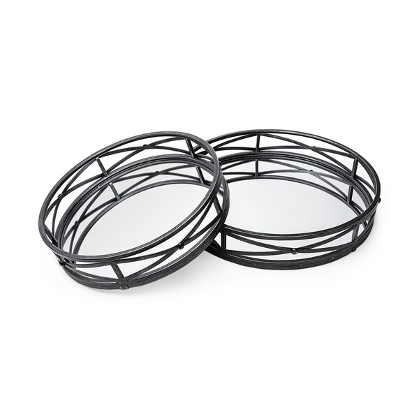 Homeroots Round Matte Black Metal with Mirrored Glass Bottom Trays - Set of 2 - 376025