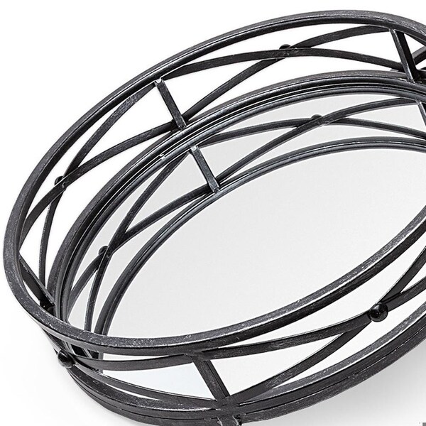 Homeroots Round Matte Black Metal with Mirrored Glass Bottom Trays - Set of 2 - 376025