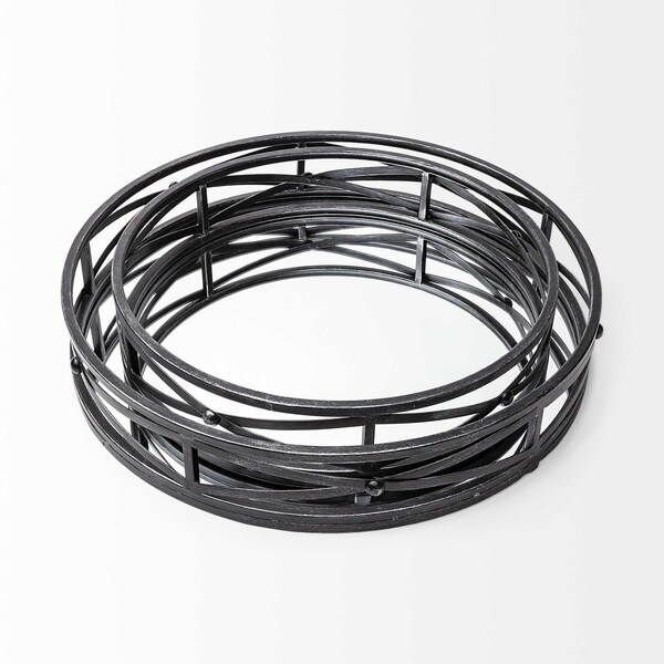 Homeroots Round Matte Black Metal with Mirrored Glass Bottom Trays - Set of 2 - 376025