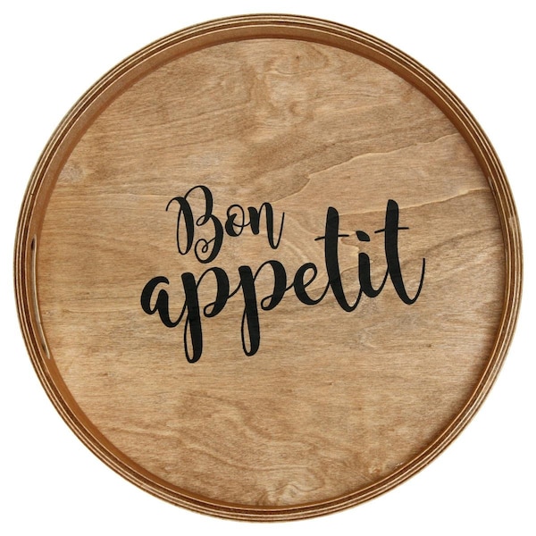 Elegant Garden Design Elegant Designs Decorative 13.75in. Round Wood Serving Tray w/ Handles, Bon Appetit - HG2013-NBA