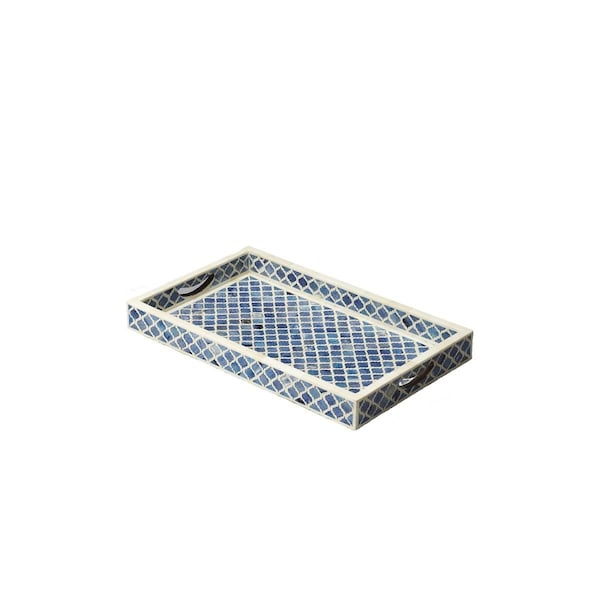 Tarifa 20 x 12 x 2 in. Blue Quatrefoil Bone Inlay Serving Tray - TA3087382
