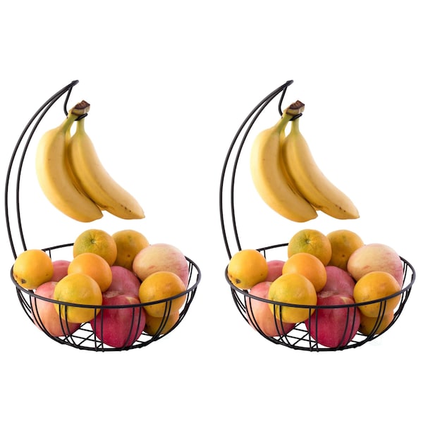 Basicwise Wire Metal Fruit Basket Holder with Banana Hanger, Set of 2 - QI003494.2