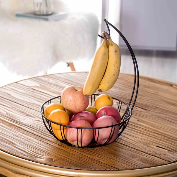 Basicwise Wire Metal Fruit Basket Holder with Banana Hanger, Set of 2 - QI003494.2