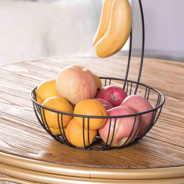 Basicwise Wire Metal Fruit Basket Holder with Banana Hanger, Set of 2 - QI003494.2