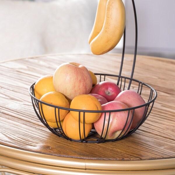 Basicwise Wire Metal Fruit Basket Holder with Banana Hanger, Set of 2 - QI003494.2