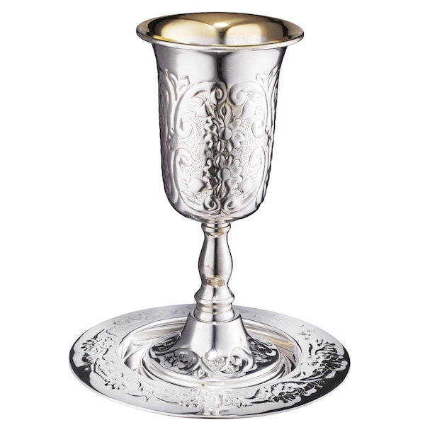 Desorden Kos Shel Eliyahu Large Flower Design 925 Silver Covered Cup 9 in. Plate 7 in. - DE2753198