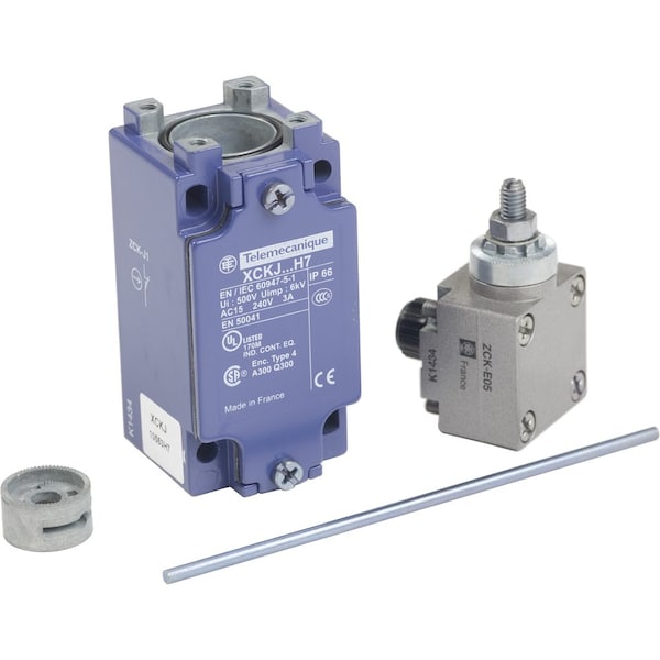 Interruptor de límite Telemecanique Sensors, varilla ajustable, rotativo, 1NC/1NO, 10A @ 240V AC, ubicación del actuador: Lateral - XCKJ10553H7.