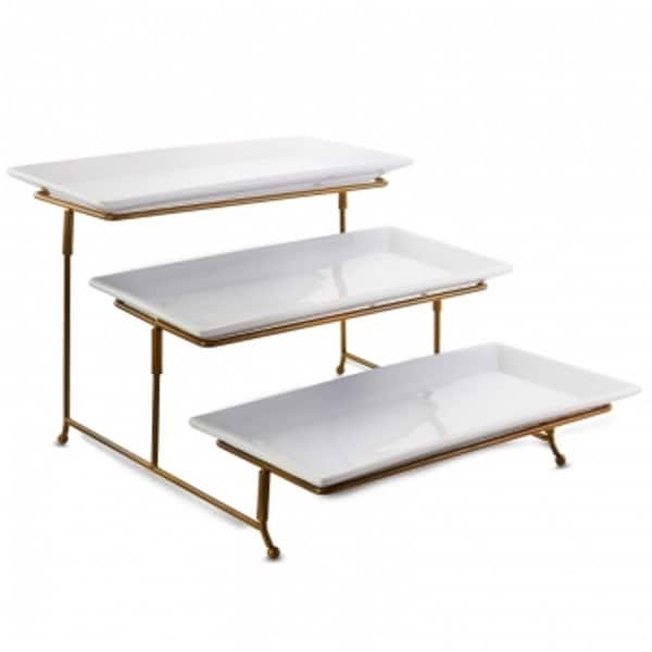 Gibson Elite Gracious Dining 3 Tiered Rectangle Porcelain Plate Set with Gold Metal Stand - 107356.04