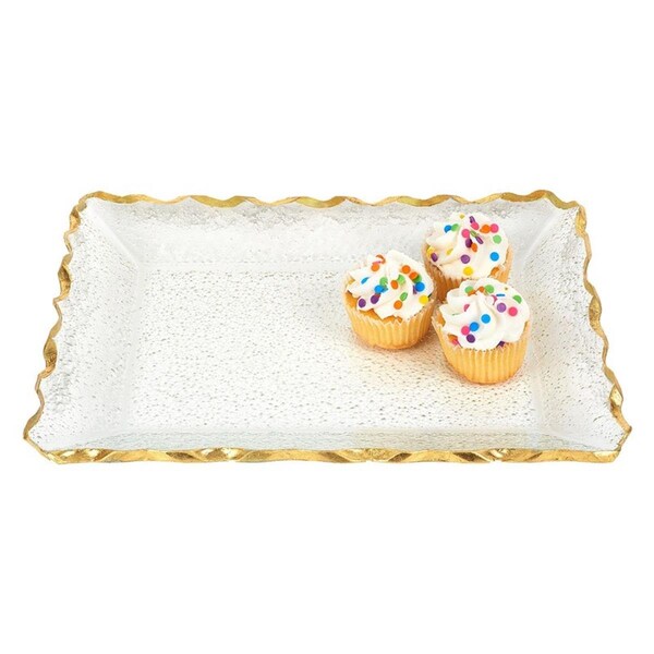 Homeroots 1 x 14 x 10 in. Bubble Glass Scalloped Gold Rim Rectangular Platter or Tray - 390098