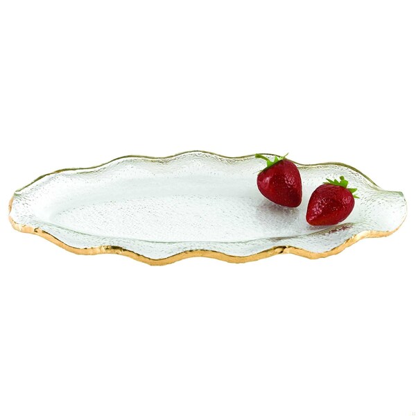 Homeroots 14 in. Mouth Blown Wavy Edge Gold Leaf Platter - 375744
