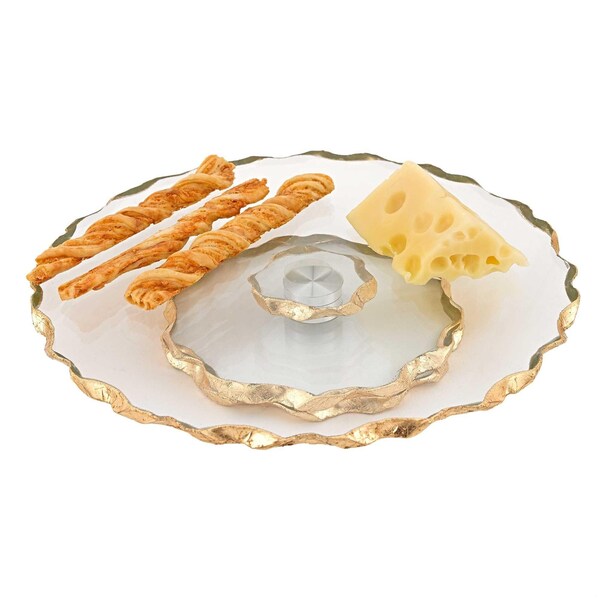 Homeroots 13 in. Hand Decorated Chiseled Edge Gold Leaf Turning Platter - 375756