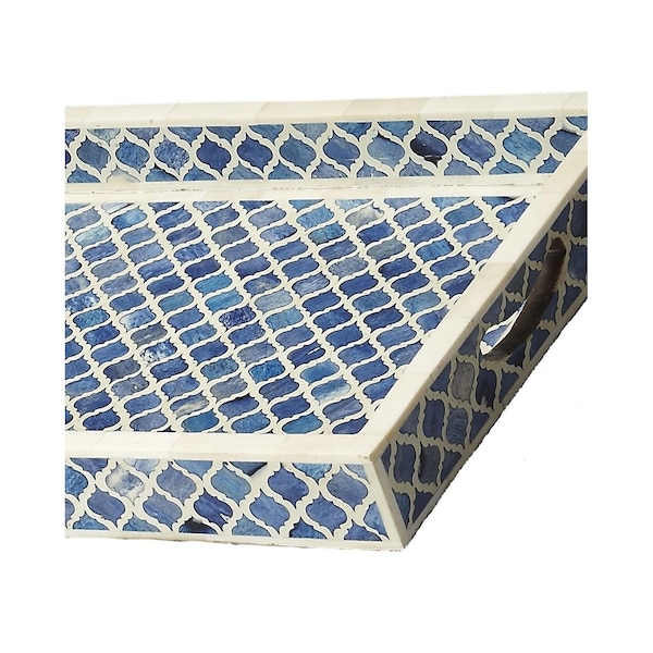 Homeroots 20 x 12 x 2 in. Blue Quatrefoil Bone Inlay Serving Tray - 388897