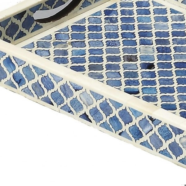 Homeroots 20 x 12 x 2 in. Blue Quatrefoil Bone Inlay Serving Tray - 388897