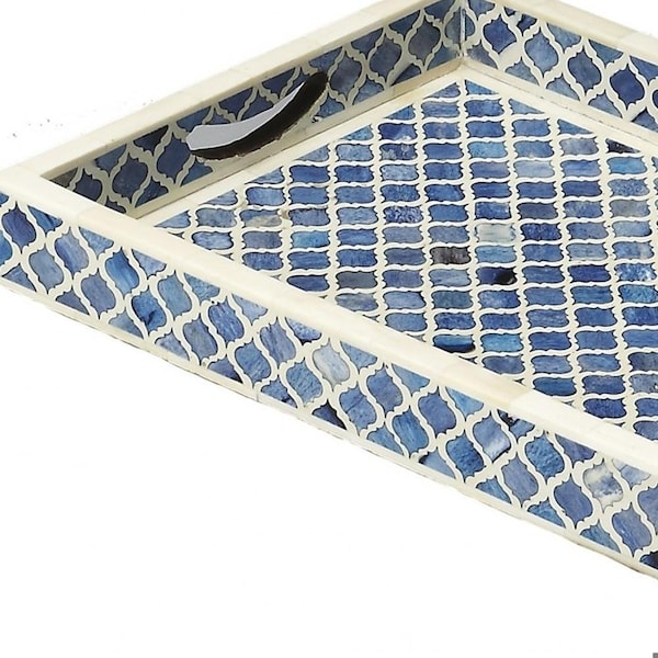 Homeroots 20 x 12 x 2 in. Blue Quatrefoil Bone Inlay Serving Tray - 388897