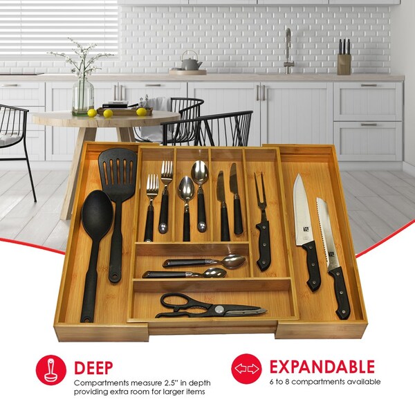 Hds Trading Expandable 8 Compartment Bamboo Cutlery Tray, Natural - ZOR95997