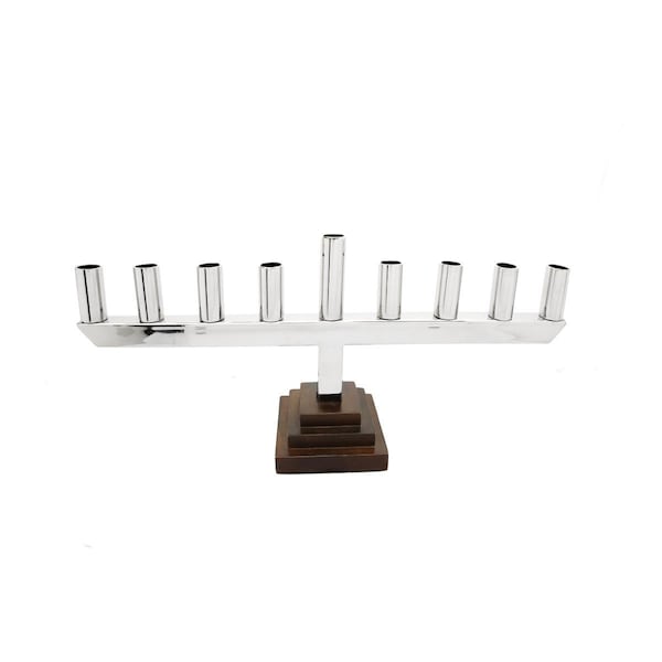 Classic Touch Stainless Steel Straight Menorah with BaseBlack Square - SM1061