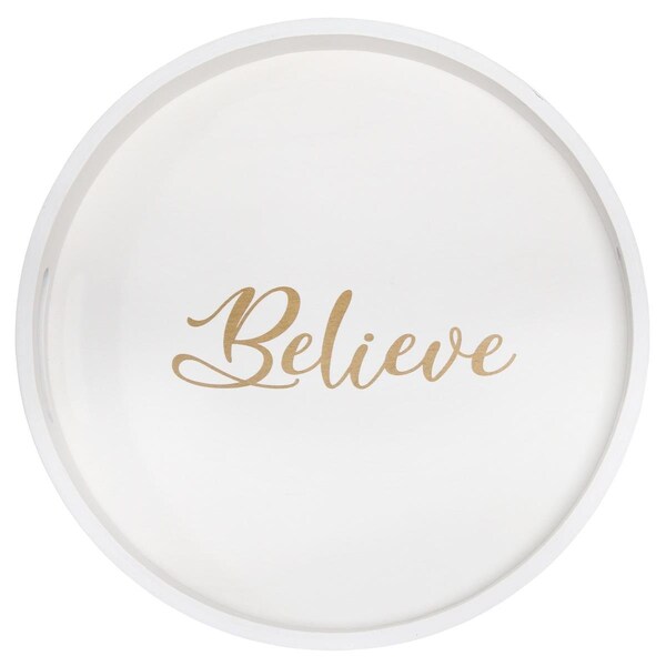 Elegant Garden Design Elegant Designs Decorative 13.75in. Round Wood Serving Tray w/ Handles, Believe - HG2013-WBV