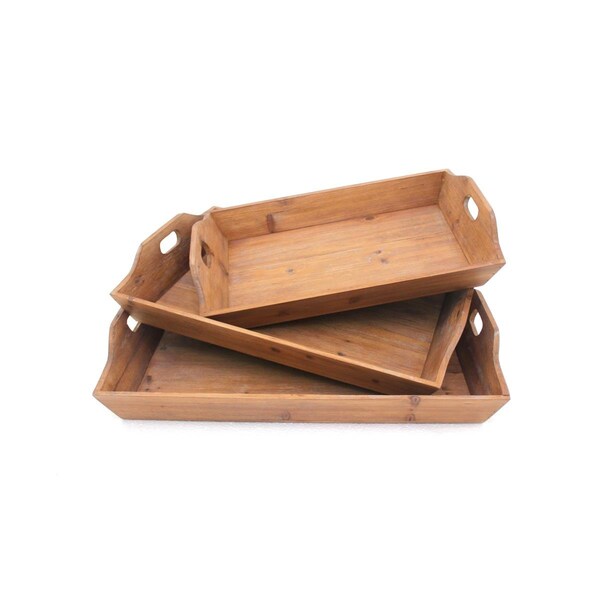 Cocina Rectangular Wooden Serving Tray with Cut Out Handles, Brown - 3.75 x 16.5 x 24.25 in. - Set of 3 - CO2807372