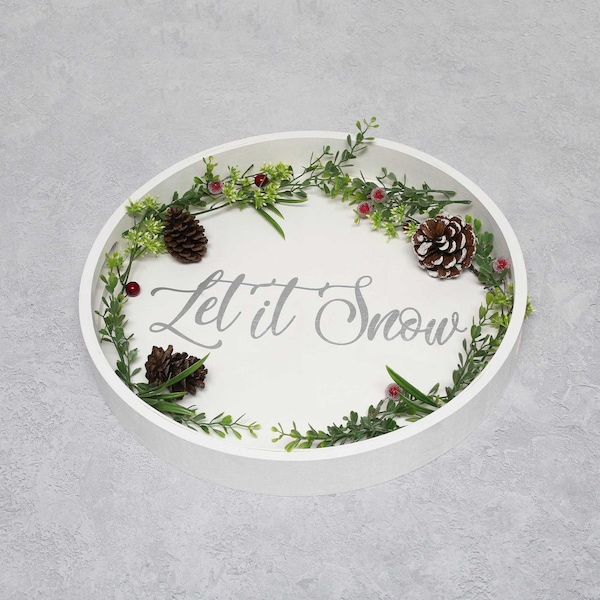 Elegant Designs "Let it Snow" 13.75" Round Wood Serving Tray with Handles - HG2013-WLS