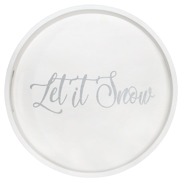 Elegant Designs "Let it Snow" 13.75" Round Wood Serving Tray with Handles - HG2013-WLS