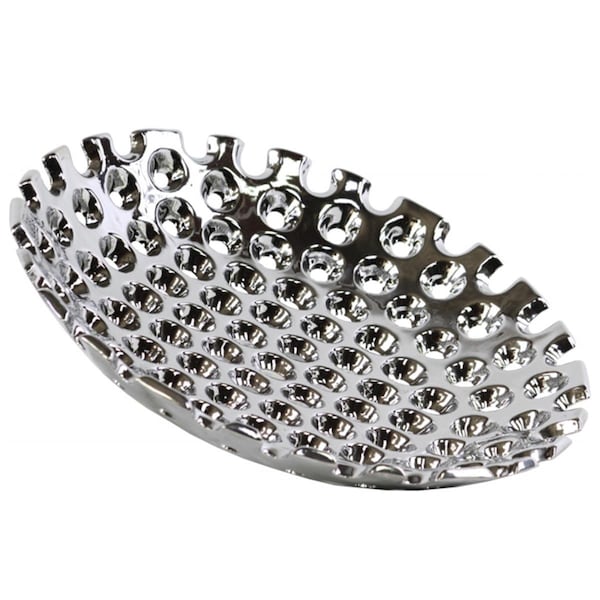 Urban Trends Collection Ceramic Round Concave Tray With Perforated Design- Polished Chrome - Silver- Large - 35300