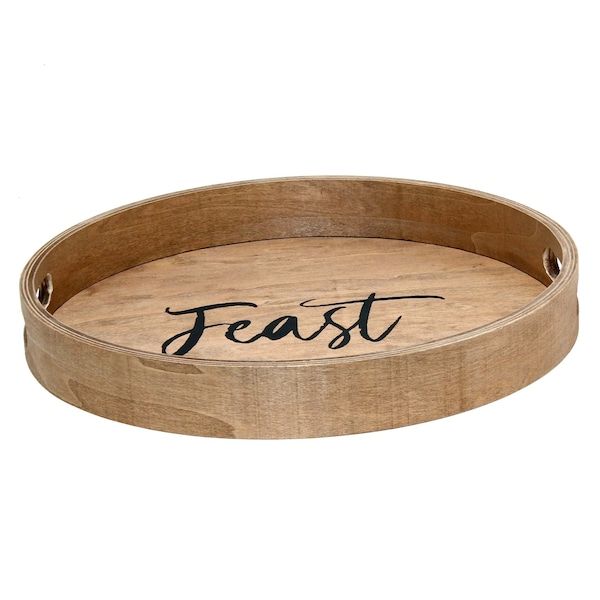 Elegant Designs "Feast" 13.75" Round Wood Serving Tray with Handles - HG2013-NFE
