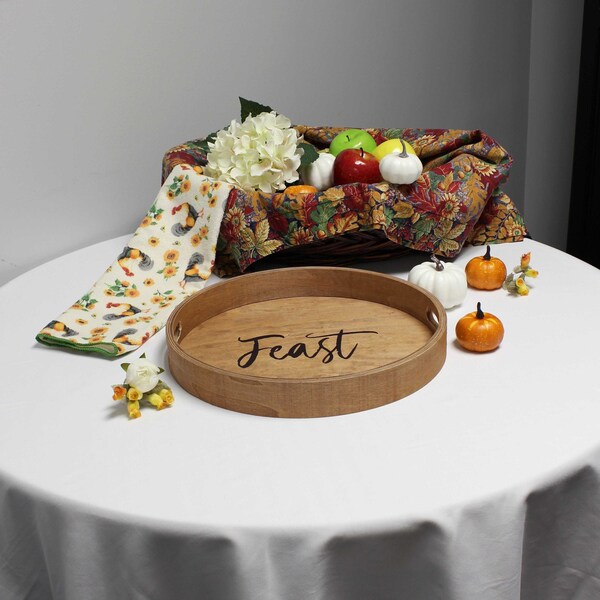 Elegant Designs "Feast" 13.75" Round Wood Serving Tray with Handles - HG2013-NFE