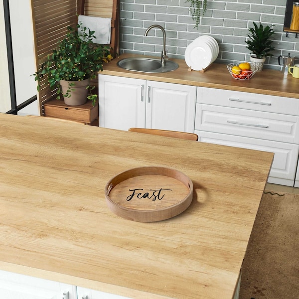 Elegant Designs "Feast" 13.75" Round Wood Serving Tray with Handles - HG2013-NFE