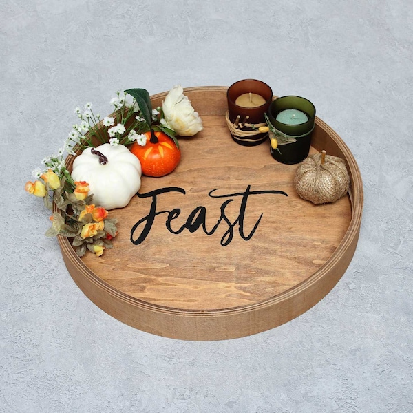 Elegant Designs "Feast" 13.75" Round Wood Serving Tray with Handles - HG2013-NFE