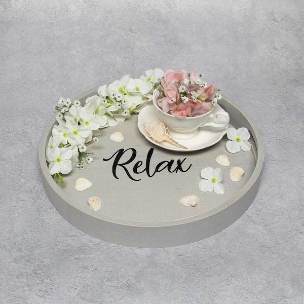 Elegant Designs "Relax" 13.75" Round Wood Serving Tray with Handles - HG2013-GYX
