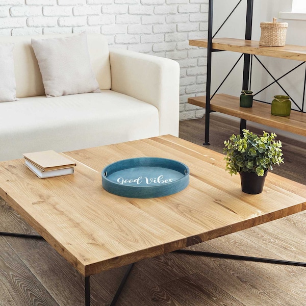 Elegant Designs "Good Vibes" 13.75" Round Wood Serving Tray with Handles - HG2013-BGV