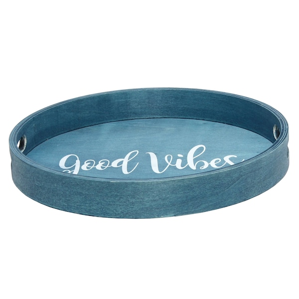 Elegant Designs "Good Vibes" 13.75" Round Wood Serving Tray with Handles - HG2013-BGV