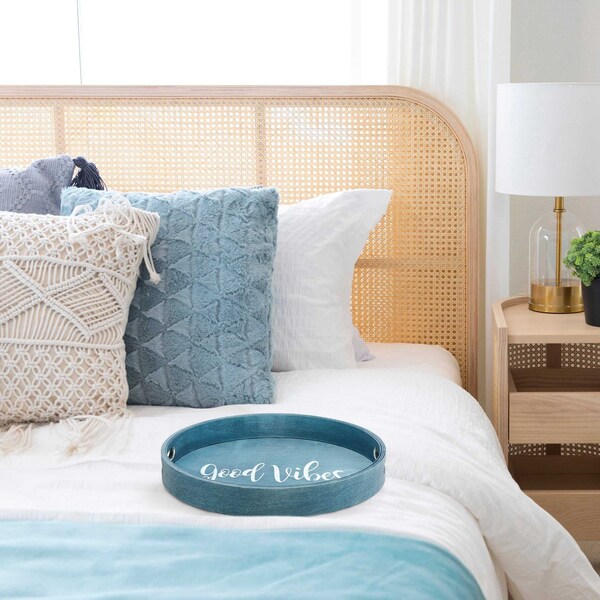 Elegant Designs "Good Vibes" 13.75" Round Wood Serving Tray with Handles - HG2013-BGV