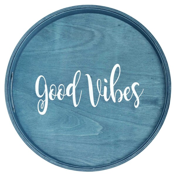 Elegant Designs "Good Vibes" 13.75" Round Wood Serving Tray with Handles - HG2013-BGV