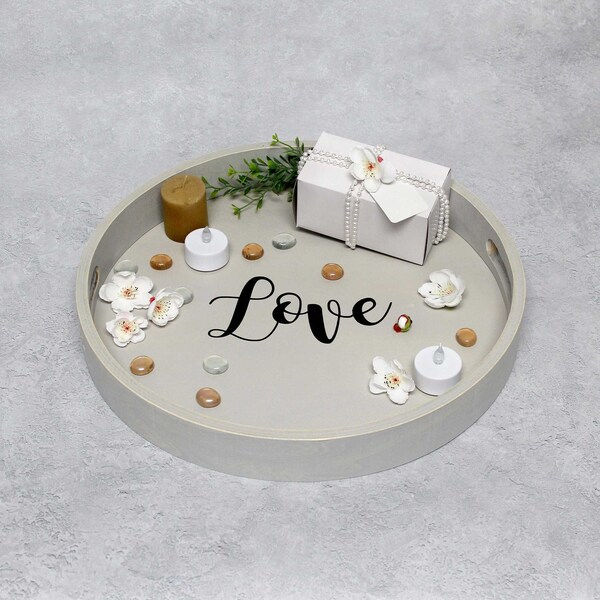 Elegant Designs "Love" 13.75" Round Wood Serving Tray with Handles - HG2013-GYL