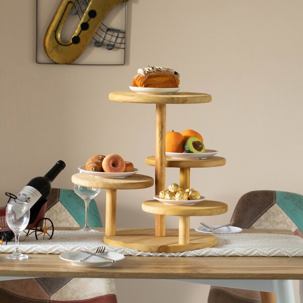 Vintiquewise Multi Purpose 4-Tier Round Wooden Cake Stand and Charcuterie Boards - Perfect Tiered Tray - QI004690