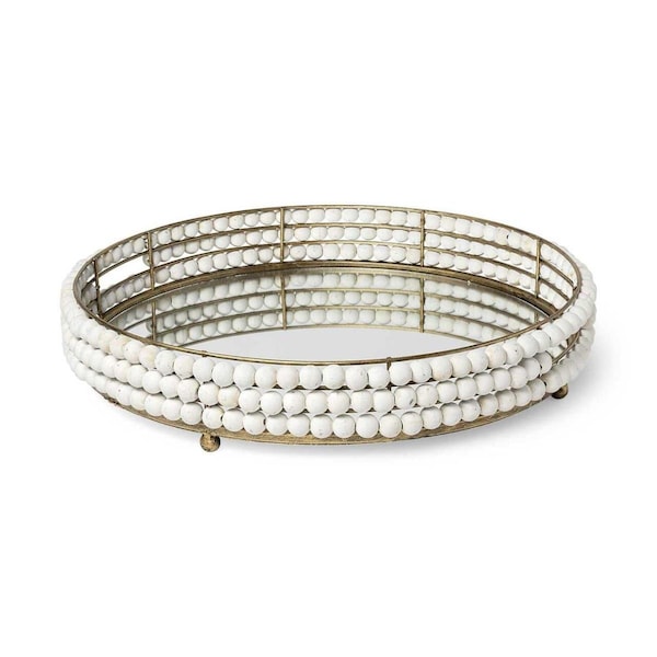 Tarifa 21 in. Gold Metal with Wooden Bead Frame & Mirrored Glass Bottom Round Tray - TA3100307