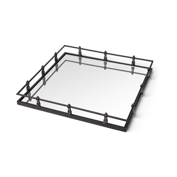 Tarifa Mirrored Glass Bottom & Railing Handle Tray with Natural Finish Metal, Silver - TA3094855