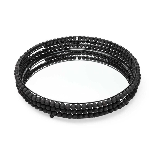 Tarifa 21 in. Matte Black Wood with Bead Mirrored Glass Bottom Round Tray - TA3679350