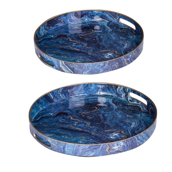 Benjara Tabletop Decor Round Accent Trays with Marbling - Blue, Gold Marbling - Set of 2 - BM285014