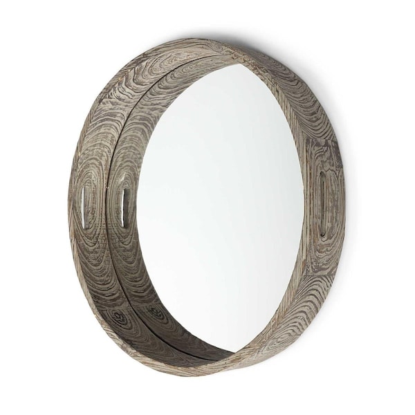 Tarifa 28 in. Round Natural Finish Fir Wood Mirrored Glass Bottom Tray - TA3089003