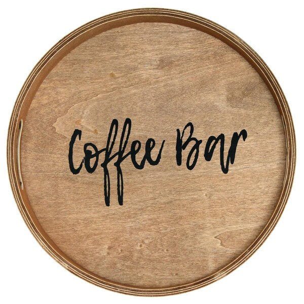 Elegant Garden Design Elegant Designs Decorative 13.75in. Round Wood Serving Tray w/ Handles, Coffee Bar - HG2013-NCB