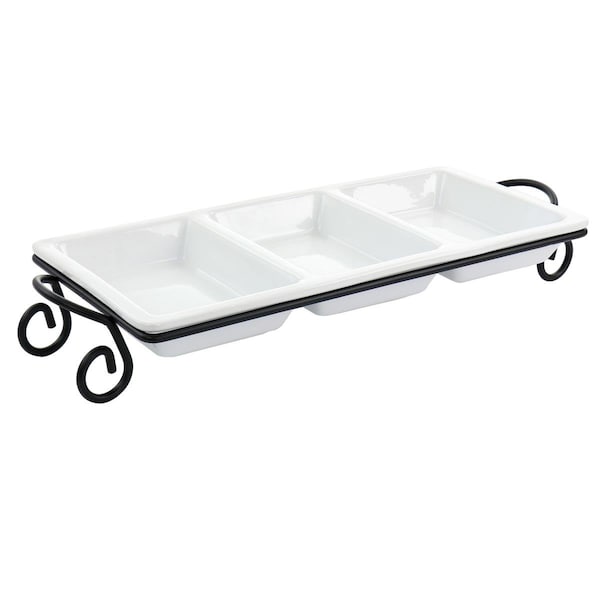 Elama 3 Section Divided Porcelain Serving Tray with Metal Rack - ELM-4102