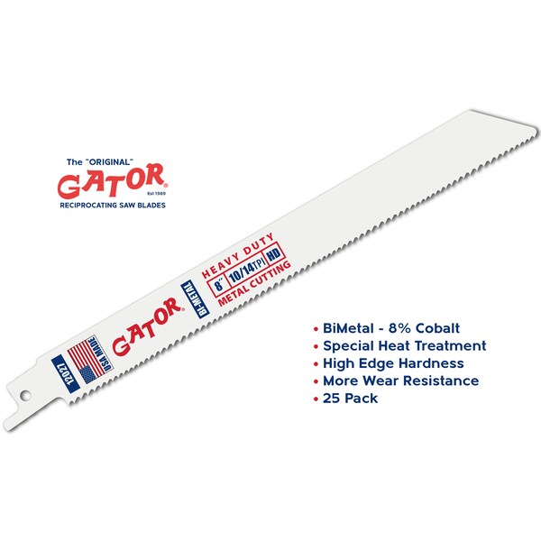 Gator Reciprocating Saw Blade 8 in. x 3/4 in. x 10/14pi #12027-25, Heavy Duty Metal/Wood Cutting, 25PK - 12027-25